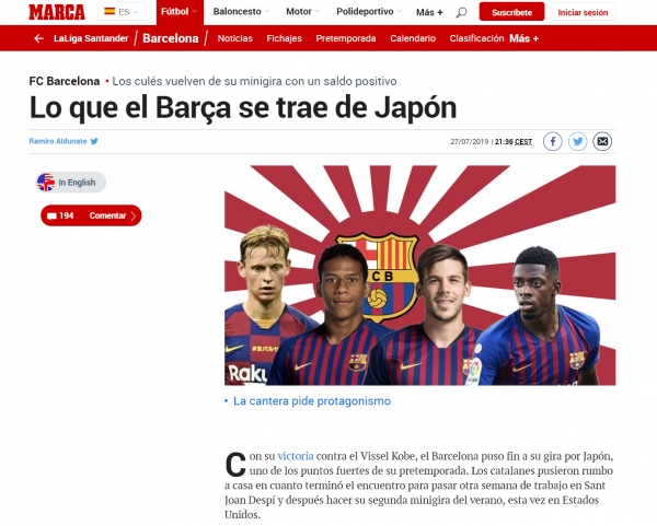 지난 28일 스페인 스포츠전문매체 '마르카'는 FC바르셀로나의 일본 원정 친선경기 소식을 전하며 욱일기를 기사의 배경에 사용한 모습