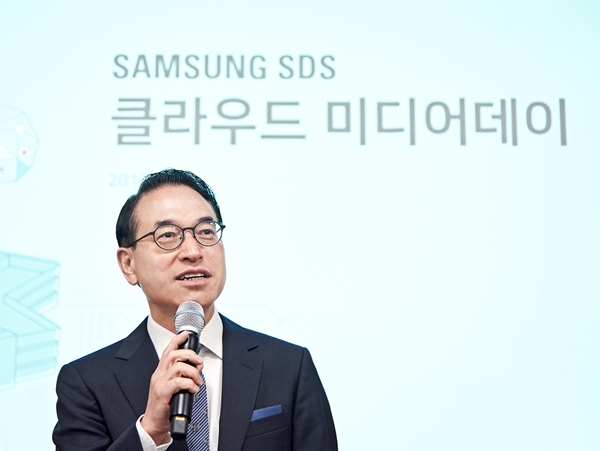 지난 20일 강원도 춘천 데이터센터에서 열린 클리우드 미디어데이에서 홍원표 삼성SDS 대표이사가 크라우드 사업에 대해 설명하고 있다. (사진=삼성SDS)