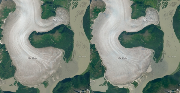 나사(NASA) Landst8의 Operational Land Imager를 이용해 2014년 8월 20일에 찍은 사진(왼쪽)과 2019년 8월 9일에 찍은 사진(오른쪽). 오른쪽 아래 타쿠 강으로 이어지는 부분에서 차이가 드러난다.