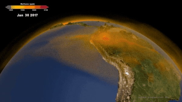 남아메리카의 아마존 강 유역과 인접한 습지가 계절에 따라 홍수를 일으켜 메탄의 중요한 원천인 산소 부족 환경을 만든다. (사진=NASA / Scientific Visualization Studio)