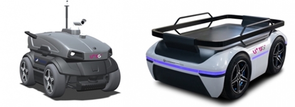 LG유플러스가 언맨드솔루션과 함께 상용화에 나서는 순찰로봇(왼쪽)과 물류로봇. (사진=LG유플러스)
