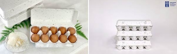 SK이노베이션이 지원하는 소셜벤처 '마린이노베이션'이 포장기구(WPO)가 개최한 '2021 월드스타 글로벌 패키징 어워드'에서 수상한 친환경 계란판 제품. (사진=SK이노베이션)